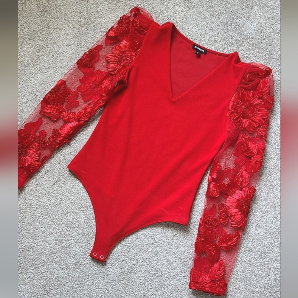 Red Embroidered Romantic Bodysuit